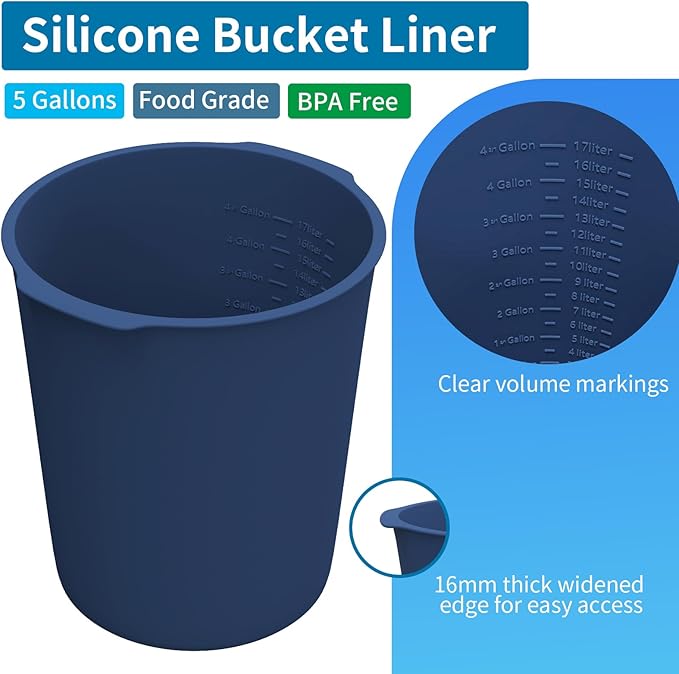 5 Gallon Bucket Liner Reusable Bucket Saver Liner with Measurements for Thinset, Mortar, Concrete Mixtures, Grout, Mud and Cement, Flexible Food Grade Silicone Bucket Liner, Blue