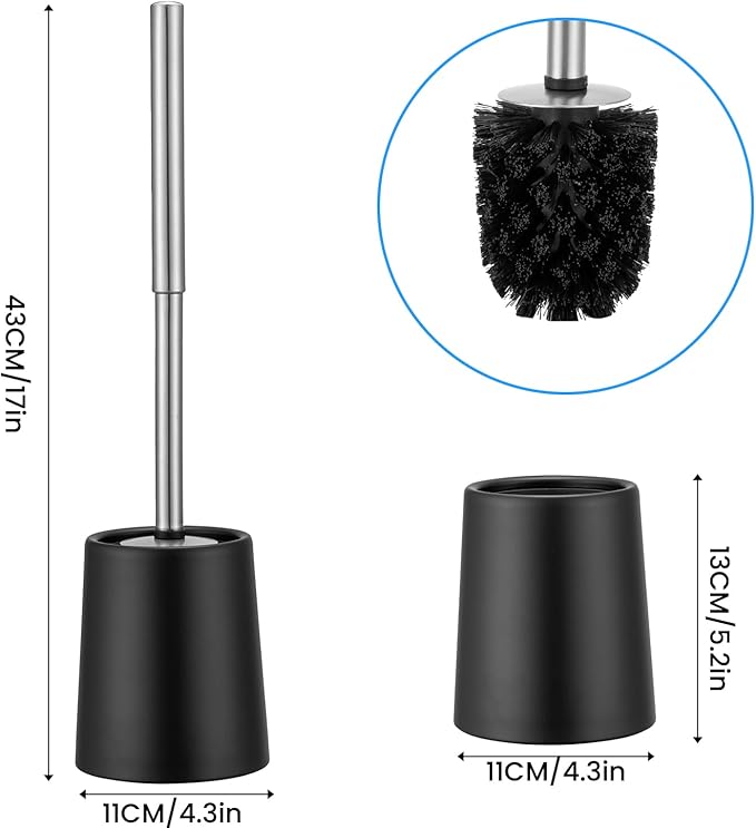 Toilet Brush and Holder Black Coated Metal Case and Stainless Steel Handle Toilet Cleaning Brush Double Layer Holder Long Brush Handle High Density Bristles Toilet Bowl Brushes