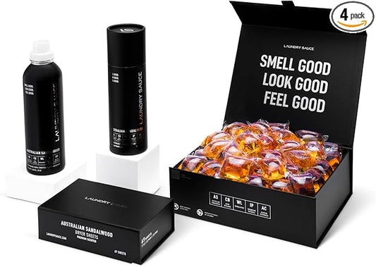 Laundry Sauce - Signature Bundle Australian Sandalwood, Scented Laundry Detergent Pods & Scent Booster, Fabric Softener, Dryer Sheets, Fabric Protection, Essential Oils, Long Lasting Luxury Fragrance