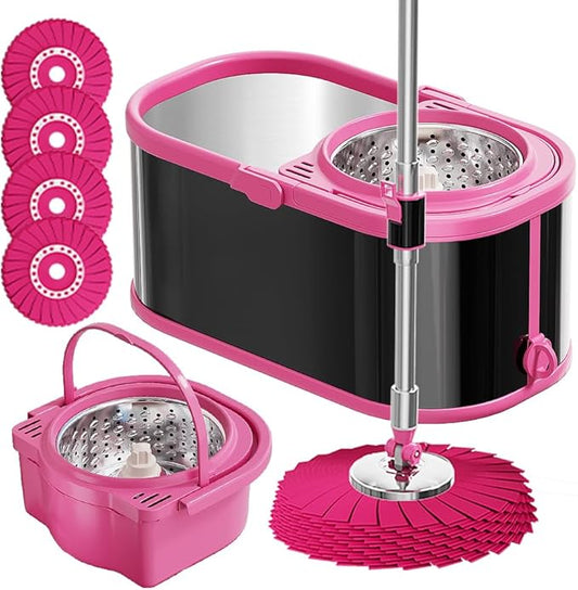 Stainless Steel Spin Mop and Bucket with Wringer Set for Home,360° Mop and Bucket with Separate Clean and Dirty Water,Wet Dust Mop for Floor Cleaning with Extra Refills (Black Pink)