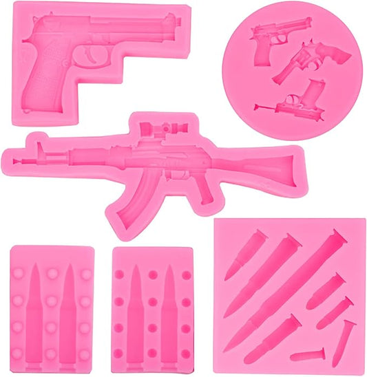 Gun Bullet Silicone Molds Pistol Fondant Mold 3D Machine Gun Molds For Cake Decorating Candy Chocolate Cupcake Topper Decor Tools DIY Polymer Clay, Desserts, Crafting Projects, Jewelry Making(6 Pcs)