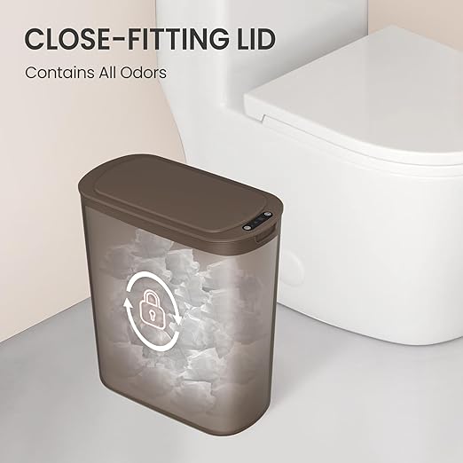 Cesun Automatic Motion Sensor Bathroom Trash Can with Lid, 2.6 Gallon Touchless Trash Bin, Smart Plastic Slim Garbage Can Small Brown Wastebasket for Toilet, Office, rv, Bedroom, Living Room