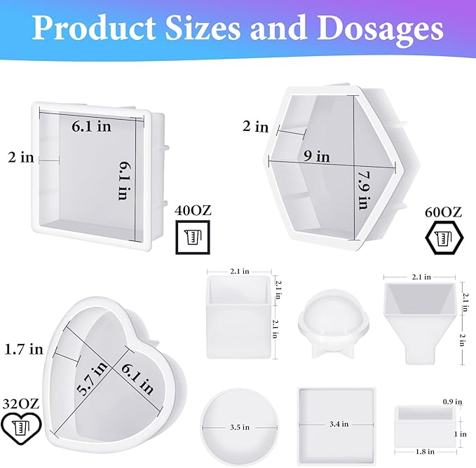 KISREL Large Resin Molds, 3 PCS Silicone Molds Kit for Resin Including Large Hexagonal and Square Heart Resin Mold, Epoxy Resin Molds for Flower Preservation Kit