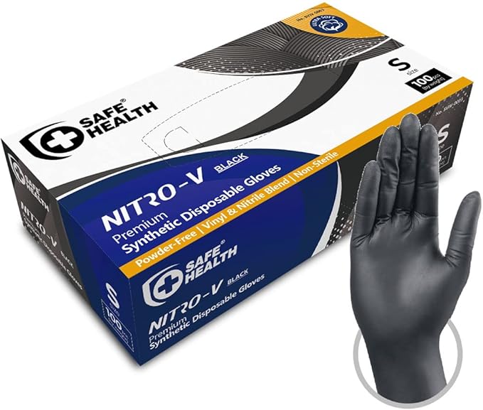 Safe Health NITRO-V Nitile-Vinyl Synthetic Dispoable Gloves, Free of Latex & Powder, Wisteria, Black, Housework, Tattoo