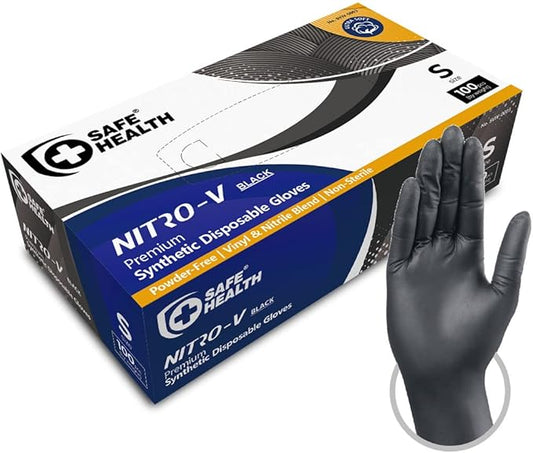 Safe Health NITRO-V Nitile-Vinyl Synthetic Dispoable Gloves, Free of Latex & Powder, Wisteria, Black, Housework, Tattoo
