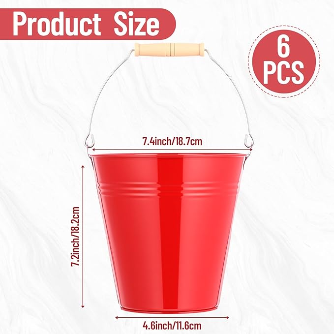 Zopeal 6 Pcs Large Metal Bucket Beer Bucket Galvanized Steel Pail with Handle for Gifts Basket Ice Candy Party(7.4 x 7.2 x 4.6 Inch,Red)