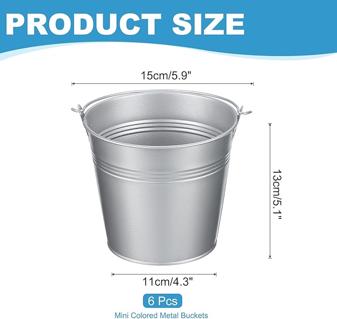 PATIKIL 5.9"x5.1" Small Metal Buckets with Handle, 6 Pcs Mini Galvanized Bucket Colorful Easter Buckets for Crafts Party Favors Decoration, Silver