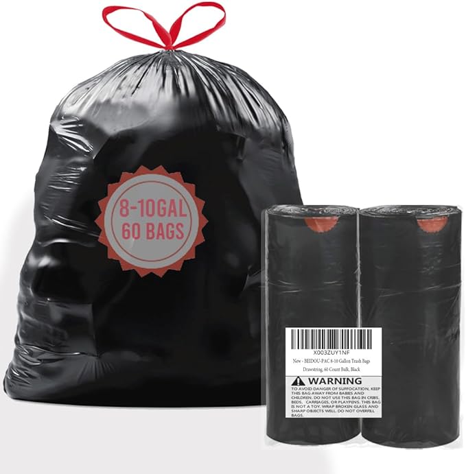 8-10 Gallon Trash Bags Drawstring, 60 Count Bulk, Black & Unscented Multi-purpose Garbage Bags for Business Home Bathroom Kitchen Commercial and Industrial