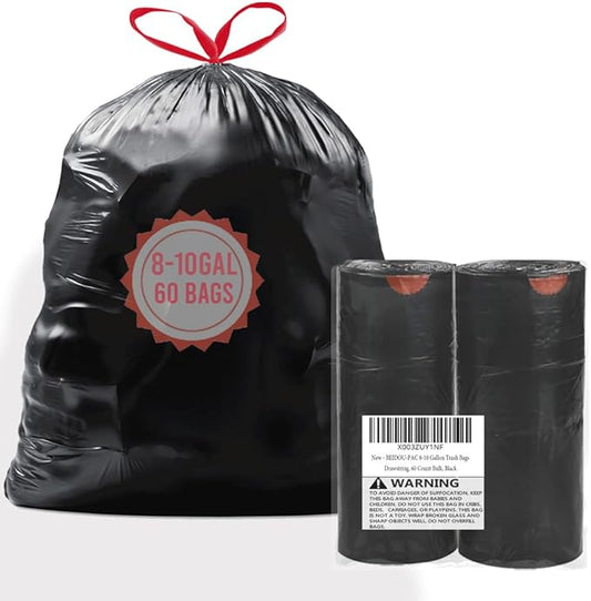 8-10 Gallon Trash Bags Drawstring, 60 Count Bulk, Black & Unscented Multi-purpose Garbage Bags for Business Home Bathroom Kitchen Commercial and Industrial