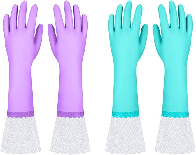 Elgood Reusable Long Dishwashing Cleaning Gloves with Latex Free, Long Cuff,Cotton Lining,Kitchen Gloves 2 Pairs,Purple+Blue Medium