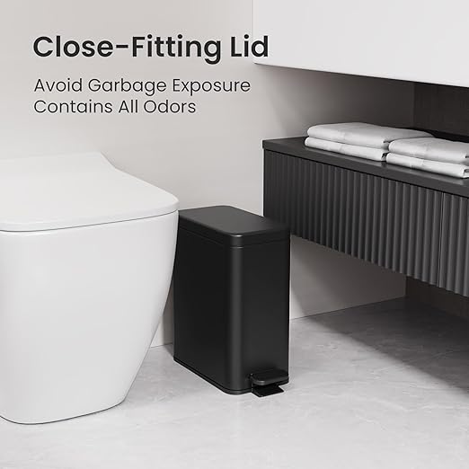 Cesun Bathroom Trash Can with Lid, 2.6 Gallon Small Black Bathroom Garbage Can Soft Close, Stainless Steel Waste Basket with Step Pedal for Bedroom, Laundry Room, Living Room, Home Office, Toilet, RV