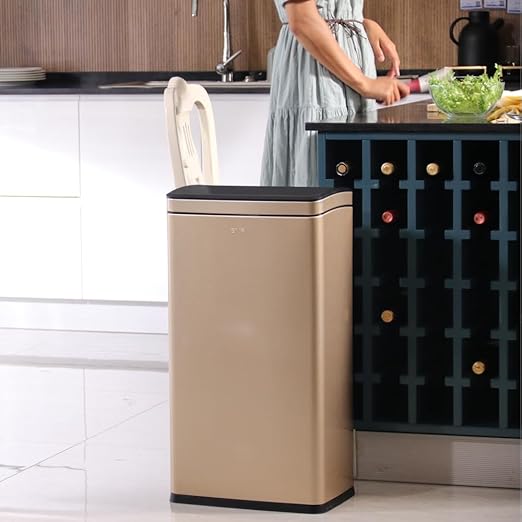 10.4 Gallon Large Metal Kitchen Garbage Can, Stainless Steel Trash Can, Open Top, Tall, Gold Wastebasket for Home Bathroom Hotel Lobby Office (40L Gold)