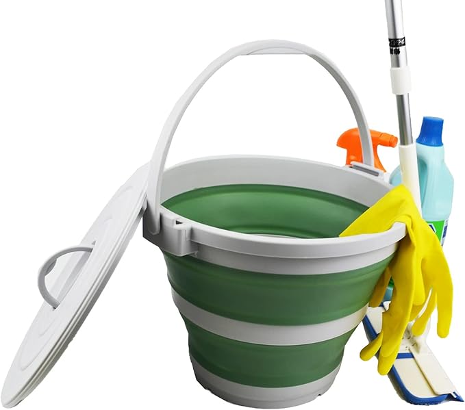 SAMMART Set of 2-10L (2.64Gallon) Collapsible Fishing Bucket Locking Lid, 31cm Dia. (2, Grey/Dark Sea Green)