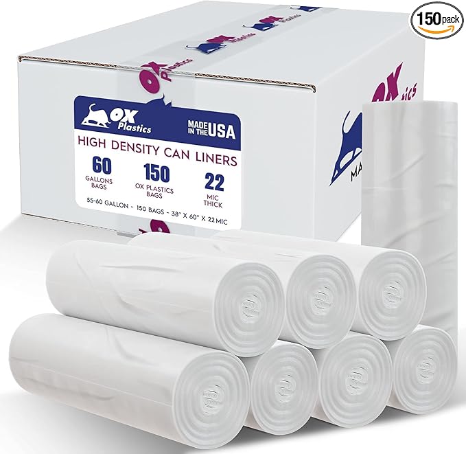 55-60 Gallon Trash Bags - High Density 38"x60", 150 Count Unscented Trash Can Liners - Multipurpose Clear Garbage Bags for Bathroom, Kitchen or Office Wastebaskets (22 Microns) Made in USA