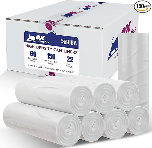 55-60 Gallon Trash Bags - High Density 38"x60", 150 Count Unscented Trash Can Liners - Multipurpose Clear Garbage Bags for Bathroom, Kitchen or Office Wastebaskets (22 Microns) Made in USA