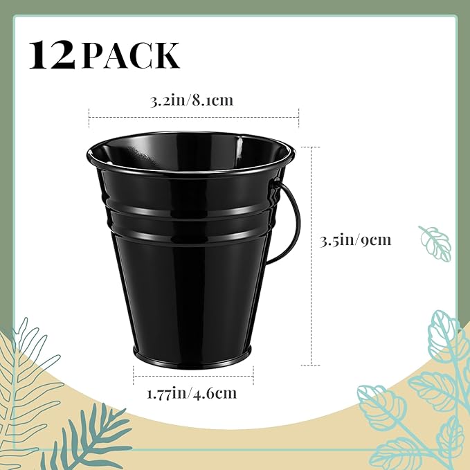 Sadnyy 12 Pcs 3.5in Small Metal Buckets with Handle, Mini Metal Pail Tin Galvanized Pail Container for Trick or Treat Flower Plant Craft Halloween Party Favors Garden Home Decoration (Black)
