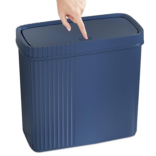 UUJOLY Small Bathroom Trash Can with Lid Slim Wastebasket Garbage Can Plastic Container Basket Trash Bin for Kitchen, Laundry Room, Office, Kids Room, Dorm, Navy Blue, 2.4 Gallon