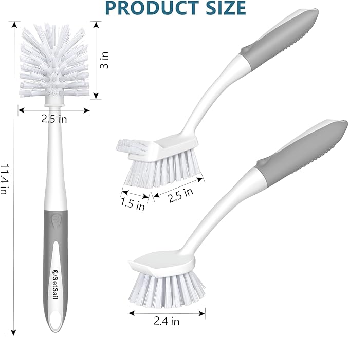 SetSail Dish Brush Set of 3 Piece, Dish Scrub Brush with Long Handle Deep Cleaning Brush with Scraper Tip for Kitchen Dishes Bottle Cup Pot Pan, Grey