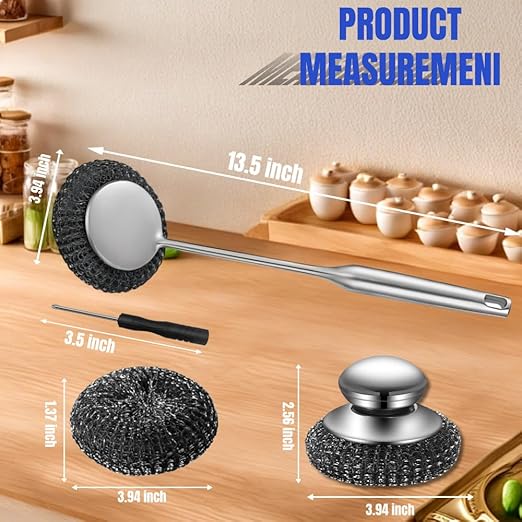 Steel Wool Scrubber with Handle: 7Pcs Stainless Steel Scrubber Brush Set – 1 Long Brushes,1 Short Brushes,4 Replaceable Pads,1 Screwdriver for Home Cooks,BBQ Enthusiasts,Anti-Scratch,for Kitchen