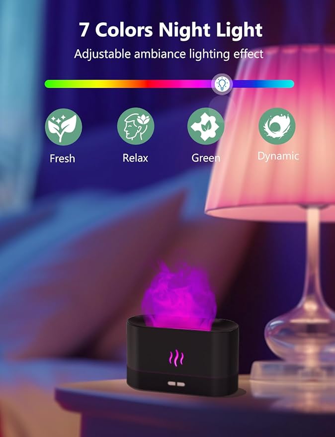 Essential Oil Diffuser, Air Humidifier with Flame Led Light - 7 Colors, 180mL Capacity (8 Hours), Noiseless Operation, Auto-Off Protection - Perfect for Home Bedroom Office Gifts(Black)