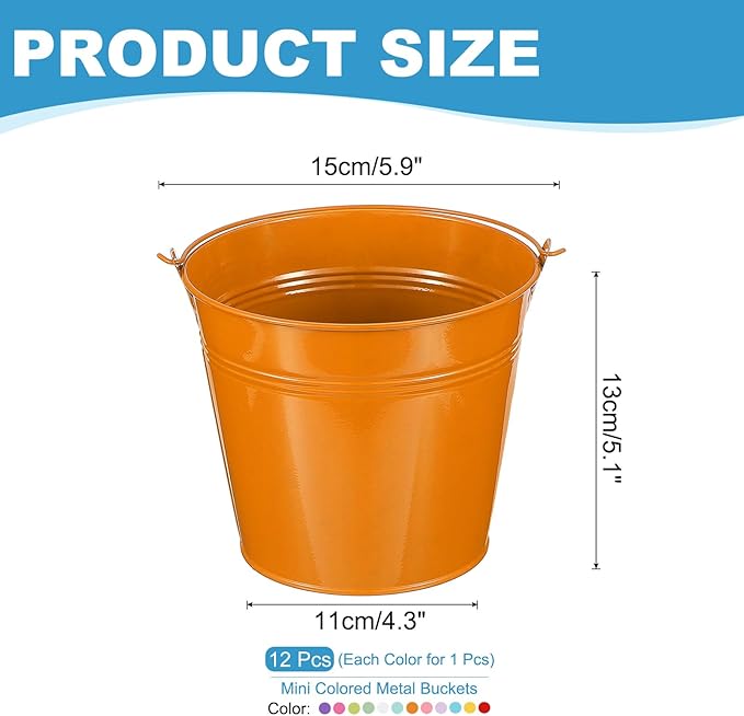 PATIKIL 6"x5" Small Metal Buckets with Handle, 12 Pcs Mini Bucket Easter Buckets, Red/Yellow/Blue/Light Purple/Pink/Light Green/Orange/Light Blue/White/Green/Rose Red/Dark Purple