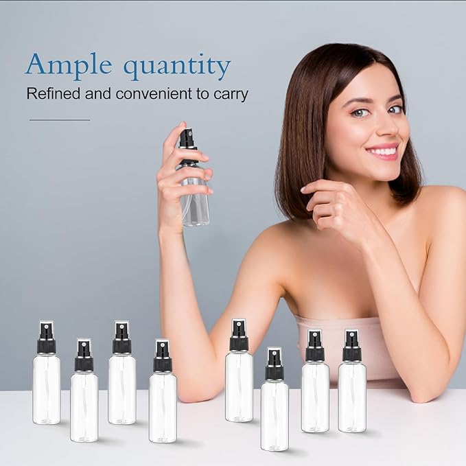120 Pcs 2 oz Plastic Spray Bottles with Black Cap for Mini Spray Bottles, Clear Empty Fine Mist Liquid Container Refillable Sprayer for Essential Oils, Perfumes, Travel, Makeup