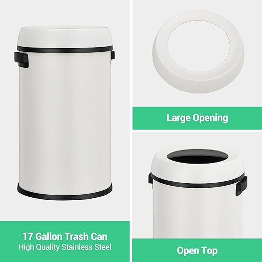 Garvee 17 Gallon/65 Liter Trash Can, Fingerprint-Proof Stainless Steel Open Top Garbage Can, Heavy Duty Commercial Round Trash Bin for Restaurant, Home, Office,White