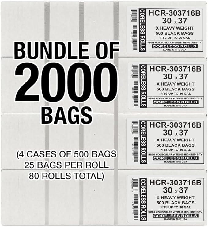 Aluf Plastics High Density Trash Bags, 30 Gallon, 2000 Count, 16 Micron (eq), 30" x 37", Black, for Bathroom, Office, Industrial, Commercial, Janitorial, Municipal, Recycling