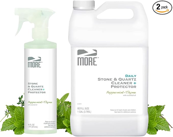 MORE Stone & Quartz Cleaner + Protector - Granite, Quartz & Marble Cleaner - For Kitchen & Bathroom Countertops - Water-Based Surface Spray - Peppermint-Thyme Essential Oil - Pint + Gallon Bundle