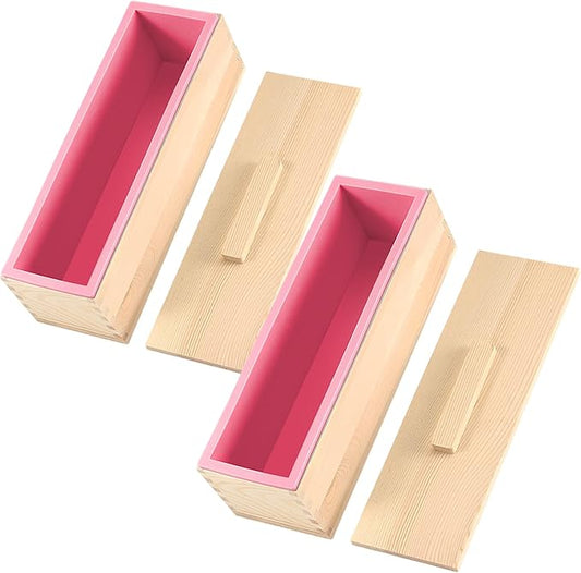ZOENHOU Pack of 2 42 oz Pink Soap Molds, Flexible Rectangular Silicone Soap Making Molds Kit with Wood Box DIY Tool Set for Soap Making Supplies