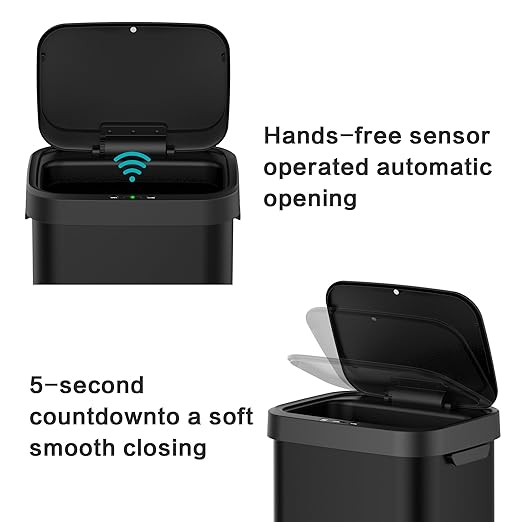 10.5 Gal Stainless Steel Touchless Sensor Trash Can with, Wide Rectangular Design, Brushed Finish – Automatic Lid, Raised Legs (Black)