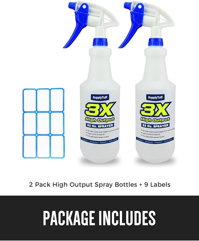 3X High Output Heavy Duty Spray Bottles for Cleaning Solutions, 2 Pack, 32 oz Commercial, Industrial Spray Bottles for Household Cleaning and Car Detailing.