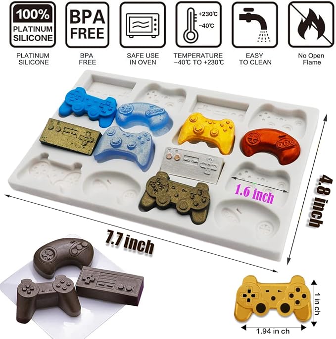Sakolla Game Controller Silicone Molds, 16 Cavity Non Stick Video Game Controller Molds for Chocolate, Candy, Cake Decoration, Cake Pops, Resin