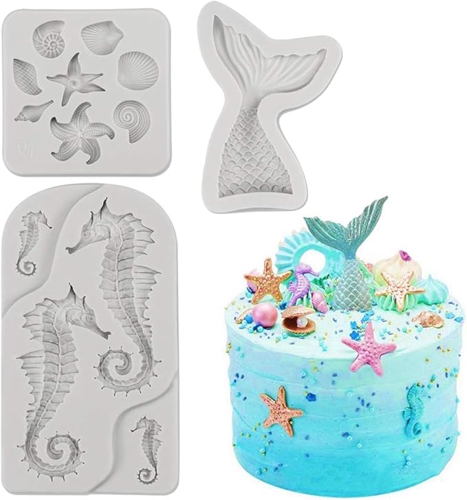 SAKOLLA Mermaid Theme Cake Fondant Mold - Seahorse Seashell Starfish Mermaid Tail Silicone Mold for Cake Decoration, Chocolate, Candy, Polymer Clay, Cupcake Decor, Sugar Craft