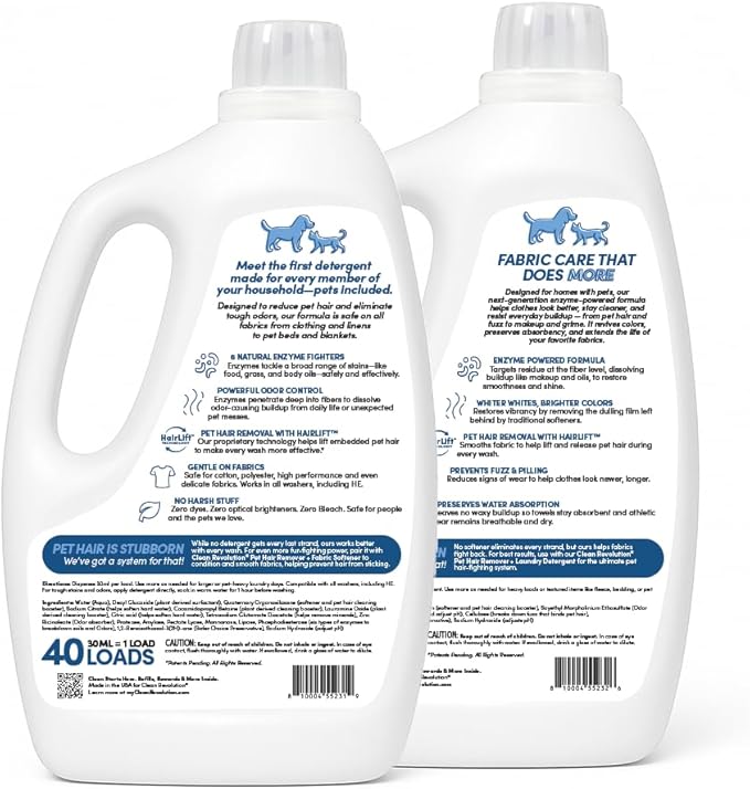 Clean Revolution Pet Hair Remover Laundry System 2-pack: Laundry Detergent + Fabric Softener with HairLift Technology, Fragrance-Free, 6 Natural Enzymes, Removes Pet Hair, Stains & Odors, 40 Oz Each