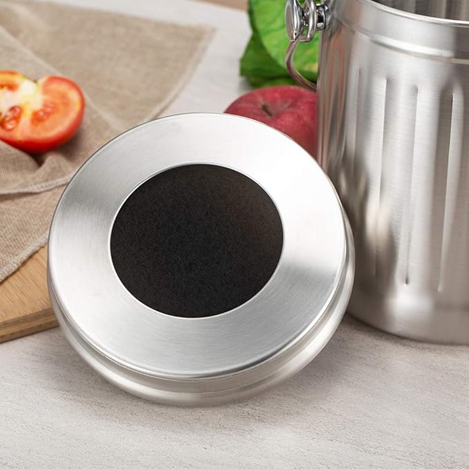 1.3 Gallon 5L Stainless Steel Compost Bin Countertop Compost Bucket Under Sink Kitchen Trash Can Composting Bucket Garbage Bin Poubelle Cuisine with Lid Charcoal Filter Indoor Silver