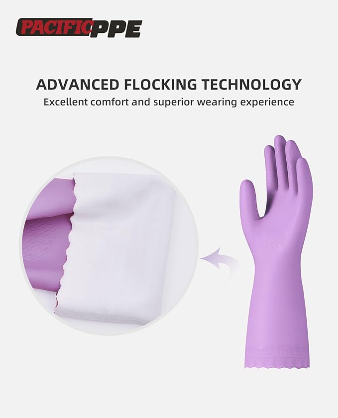 PACIFIC PPE 2 Pairs Reusable Dishwashing Cleaning Gloves with Latex Free, Cotton Lining, Kitchen Gloves, Purple, Medium