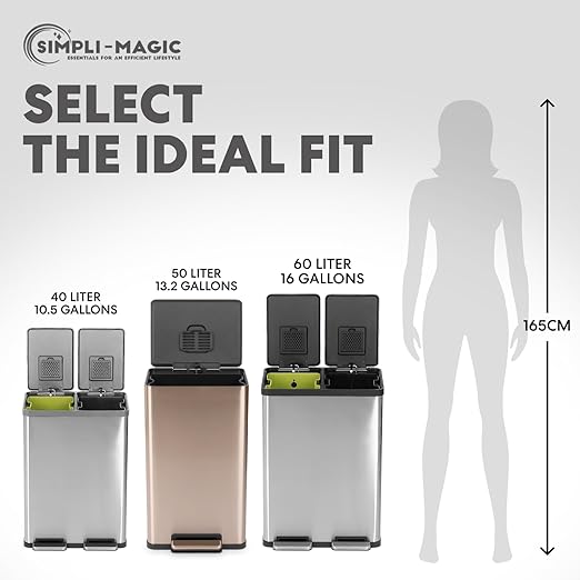 SIMPLI-MAGIC 13.2 Gallon (50L) Step Trash Can – Kitchen Garbage Can with Slow-Close Lid – Odor Control, Hands-Free, Easy to Clean, Brushed Stainless Steel (Rose Gold)