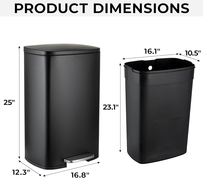 13.2 Gal Kitchen Trash Can, 50L Recycling or Garbage Bin, Brushed Stainless Steel Waste Basket, Soft&Quiet Close Dustbin, with Step-On Pedal, Removable Inner Bucket, for Home, Office, LIving Room
