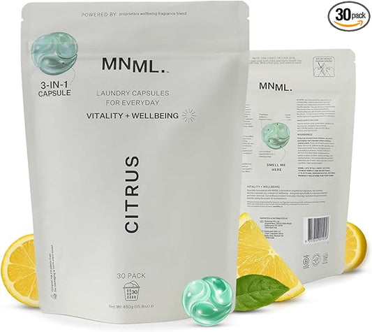 MNML Citrus Laundry Pods designed for Vitality & Wellbeing, Eco-Friendly Natural Laundry Detergent Pods for Sensitive Skin. No Plastic, Natural Bio-Enzymes, Luxury Fragrance, 30ct Capsules, Refill Bag