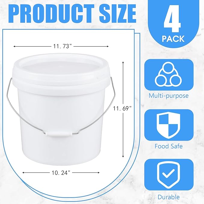 4 Gallon Round Buckets with Sealable Lids, White Plastic Food Storage Buckets, 4 Pack