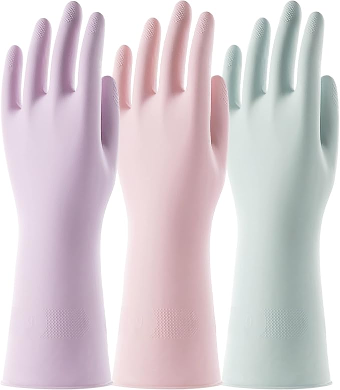 COOLJOB 3 Pairs Colorful Household Gloves with Cotton Liner & Non-slip Grip, Water Resistant Reusable Dish Washing Rubber Gloves for Kitchen & Bathroom Cleaning, Small