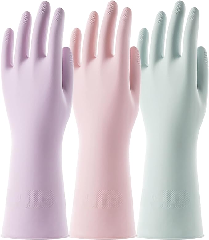 COOLJOB 3 Pairs Colorful Household Gloves with Cotton Liner & Non-slip Grip, Water Resistant Reusable Dish Washing Rubber Gloves for Kitchen & Bathroom Cleaning, Medium