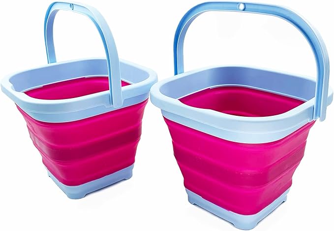 SAMMART Collapsible Rectangular Cleaning Bucket 5L (1.3 Gallon)- Foldable Camping Beach Sand Water Pot Pail- Portable Space Saving Tub for Household, Outdoor Washing (Cool Blue/Flamingo (Set of 2))