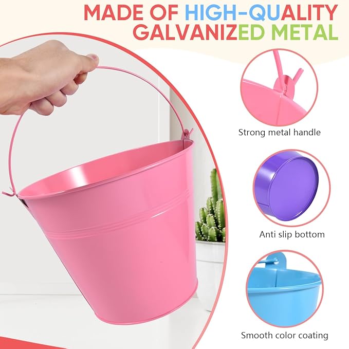 OBTANIM 7 Pack Colorful Metal Buckets with Handle Galvanized Ice Pails for Plants, Succulents, Party Favors Organizing, Rustic Home Decor or Classrooms Pencil Storage (9.1 x 6.7 inch)