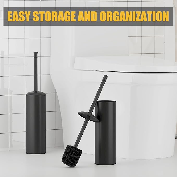 BESy Toilet Brush and Holder, Toilet Cleaner Bowl Set with Two Brush with Extra Long Handle, Durable Bristles Toilet Scrubber and Covered Holder, Drip-Proof Stainless Steel Matte Black