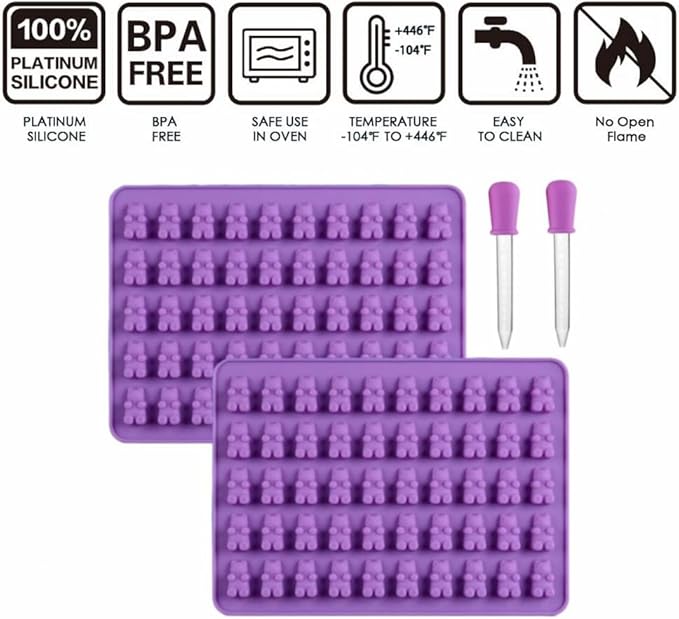 2 Piece Gummy Bear Silicone Molds, Non-Stick Chocolate Candy Mold with 2 Droppers Food Grade (Purple)