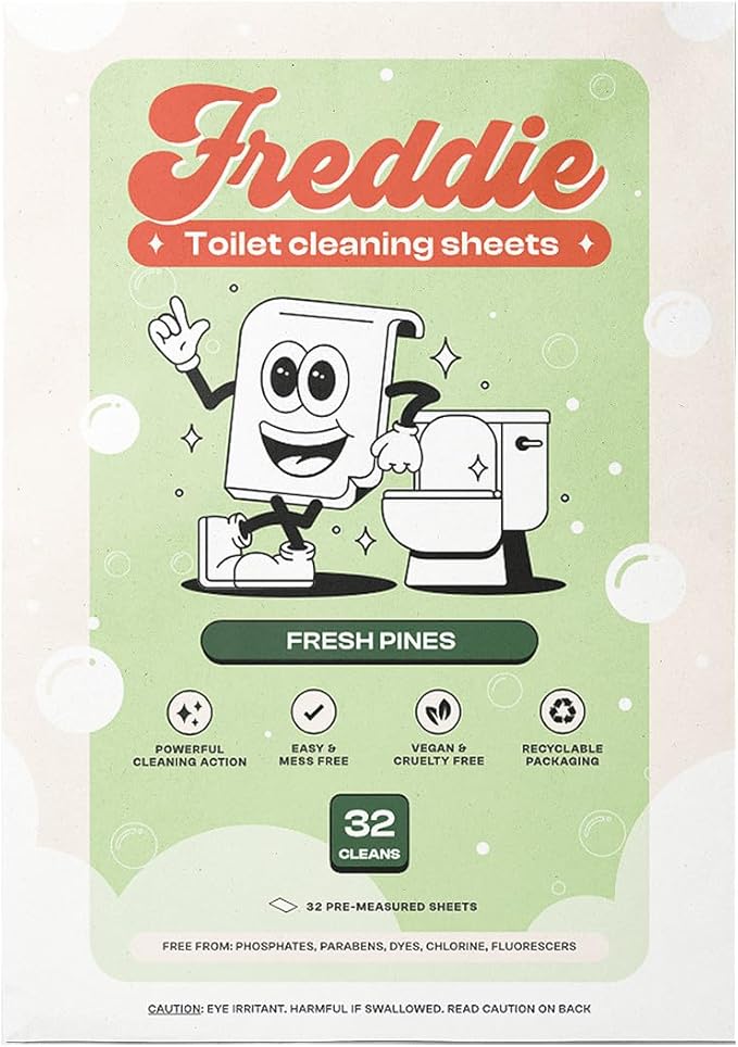 Freddie Toilet Cleaner Sheets - Fresh Pines Scent - Plastic Jug-Free Alternative to Liquid Cleaners - 32 Dissolvable Cleaning Strips