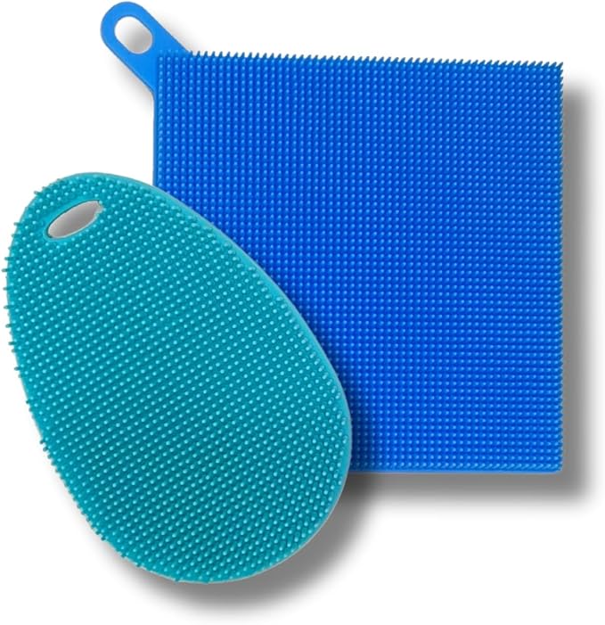 Silicone Dish Sponge Dish Scrubber (Oval and Square) - Dual-Sided, Food Grade Silicone Sponges for Dishes and Housecleaning 2-Pack