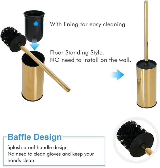 SUNTAI Round Toilet Brush Holder Stainless Steel 304 Bathroom Accessory Standing for Bathroom, Gold